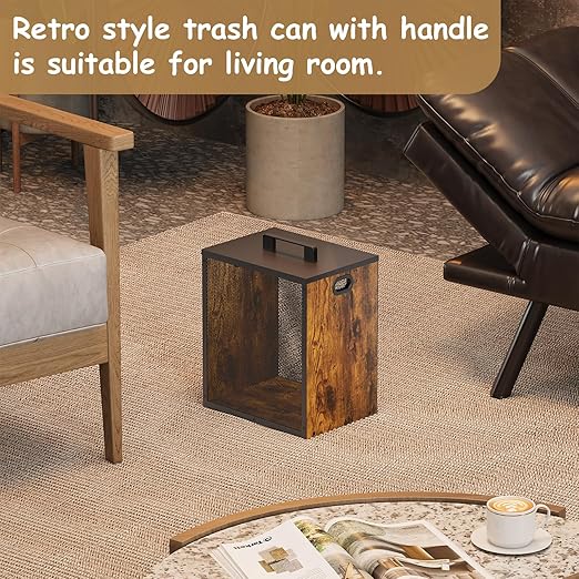 Office Garbage Can With Lid - Iron and Wood Combination Bedroom Garbage Can, Retro Industrial Style Trash Can with Handle, Rectangular Design Wastebasket for Home Office, 4.5 Gallon (Patent Pending)