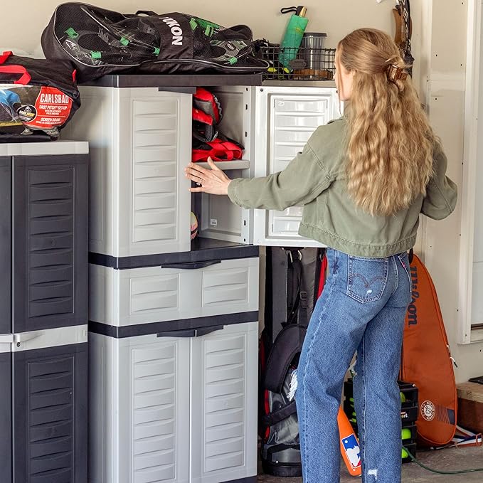Sunnydaze Plastic Garage Storage Cabinet with 2 Adjustable Shelves - 57" H - Garage, Office, Home, Laundry Room - Gray
