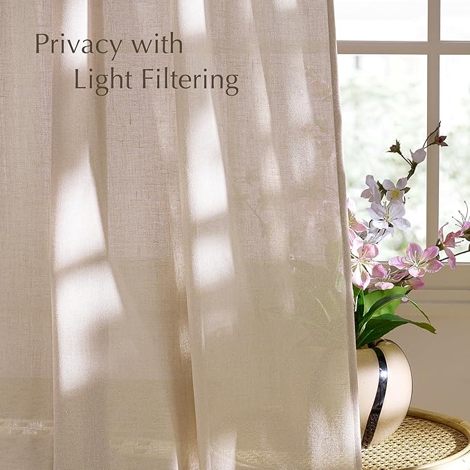 NICETOWN Semi Sheer Light Filtering 102 inches Long Curtains, Back Tab/Rod Pocket with Pleat Tape Thick Linen Privacy Added Window Treatments for Bedroom, Angora, W52 x L102, 2 Panels