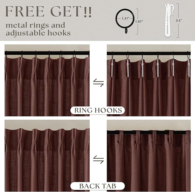 Brown Red Linen Pinch Pleated Curtains 102 Inches Long for Living Room Pleated Drapes Hooks Back Tab Thick Linen Textured Boho Farmhouse Country Terracotta Maroon 102 Inch Curtain for Dining Bedroom