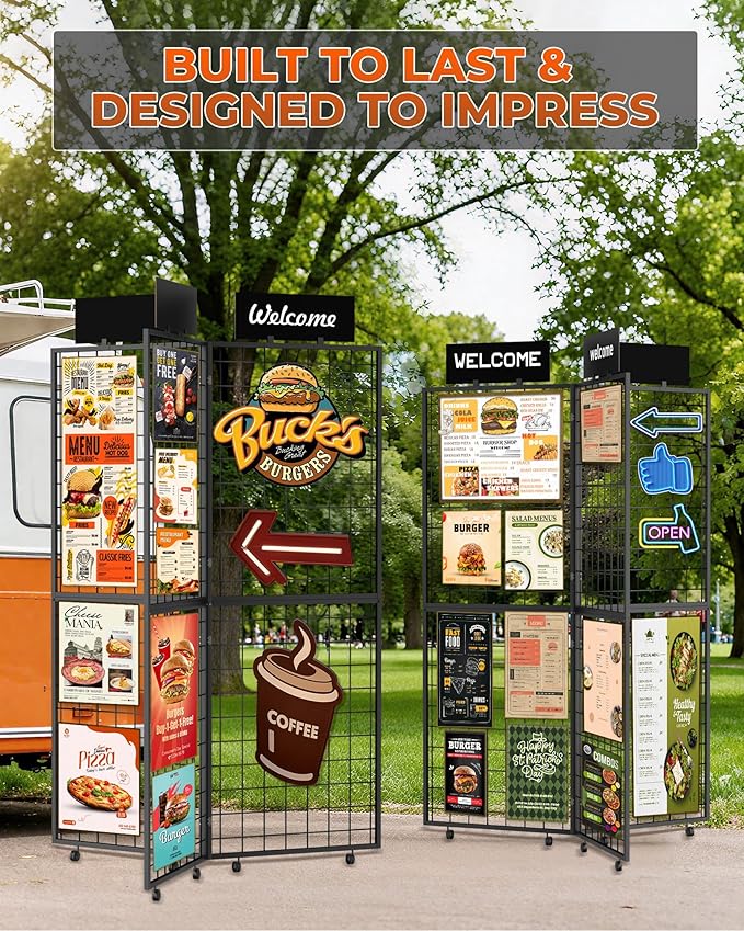 360° Foldable Grid Wall Panel, Three 6' x 4.25' Ft Double Side Gridwall Display Stand with Notice board, Heavy Duty Sturdy Floorstanding Wire Grid Rack, Movable Wheel for Retail Art Craft Fairs