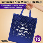 DISCOUNT PROMOS Custom Luxurious Laminated Tote Bags Set of 10, Personalized Bulk Pack - Reusable, Great for Shopping, Beach, Wedding Favors - Royal Blue