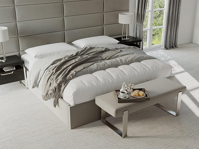 VANT Upholstered Bed Bench - Faux Merino Wool Cream - Burnished Brass - Contemporary Modern, Bedroom Bench Seat, Hallway, or Entryway