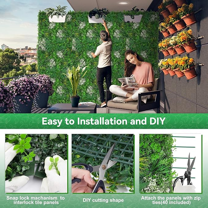 20"x20" Grass Wall Panels, 16PCS Artificial Greenery Backdrop Wall with UV Resistant Leaves, Faux Green Wall Decor for Outdoor Indoor Patio Garden Backyard