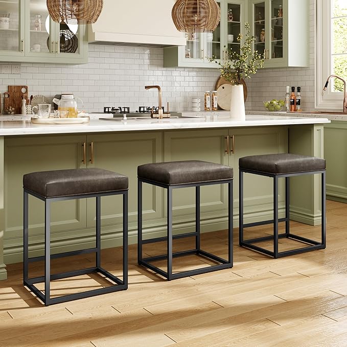 MAISON ARTS Counter Height 24" Bar Stools Set of 4 for Kitchen Counter Backless Modern Barstools Industrial Upholstered Faux Leather Stools Farmhouse Island Chairs, (24 Inch, Grey)