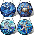 Stained Glass Window Hanging 4 Pcs Set Blue Ocean Waves Large 11.8" - Starfish Crab Seal Suncatcher Door Garden Sun Catcher Decor Birthday for Mom Woman Nana Men Friend