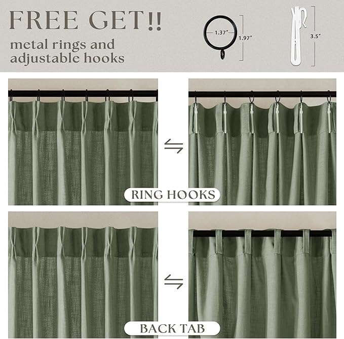Green Linen Curtains 108 Inches Long 2 Panels Set for Living Room Farmhouse Boho Linen Textured Pinch Pleated Memory Shape Light Filtering Ceiling Semi Sheer Window Curtain Hook Rings Sage Green