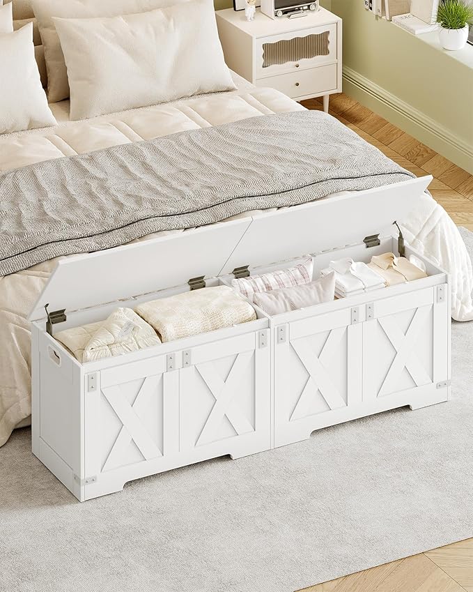 59" Storage Chest, Large Storage Trunk with 2 Hinges, Farmhouse Wooden Box Bench, Lift-Top Organizer Chest, Entryway Trunk for Bedroom, Living Room, White SB15003X