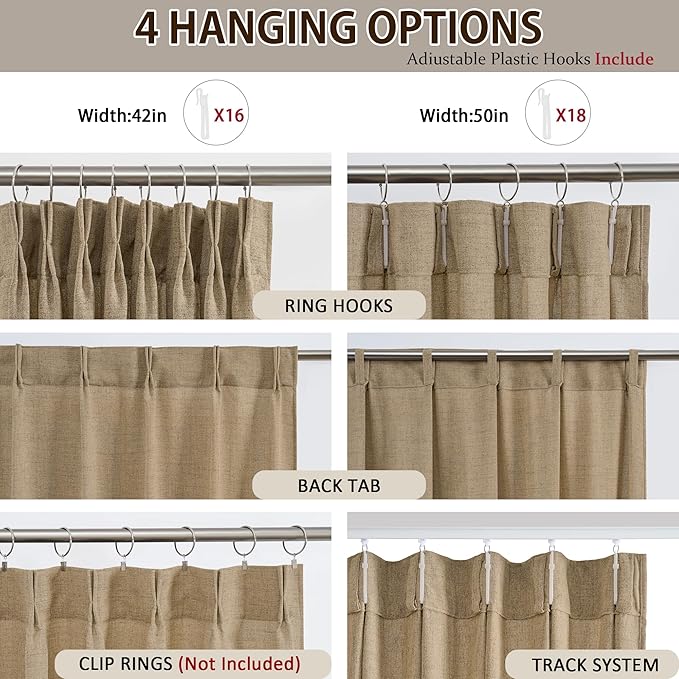 Dark Flax Pinch Pleated Linen Curtains 84 Inches Long Semi Sheer Memory Trained Ripple Fold Curtain with Hooks Back Tab Textured Light Filtering Drapes for Bedroom Living Room 42x84 Set of 2