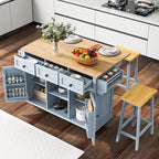 Rolling Kitchen Island with 2 Bar Stools, Drop Leaf, Cabinet Door Storage Racks & 3 Drawers, Mobile Kitchen Cart with Rubberwood Top & Locking Wheels for Dining Room & Kitchen, 53-Inch, Grey Blue