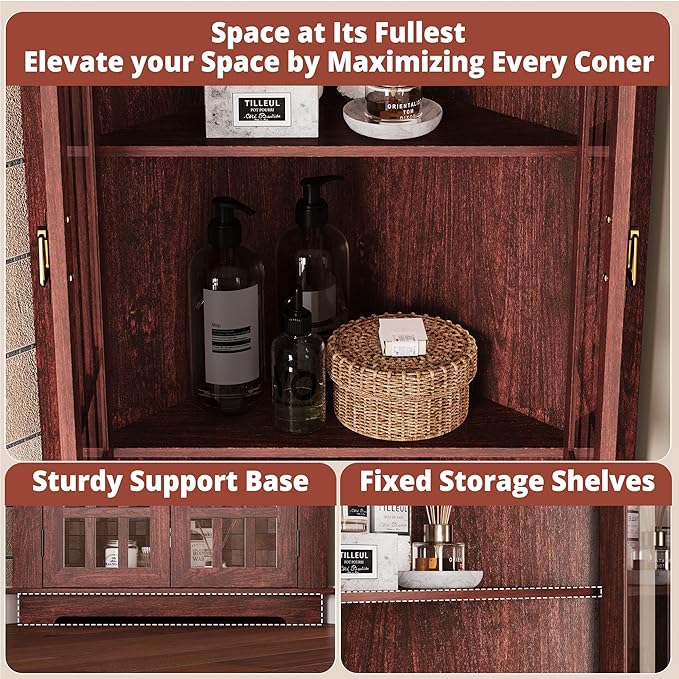 IRONCK Corner Cabinet, 71" H Tall Corner Storage Cabinet with 4 Glass Doors and 5 Shelves, Home Space Saver for Bathroom, Living Room, Mid Century Design, Red Walnut