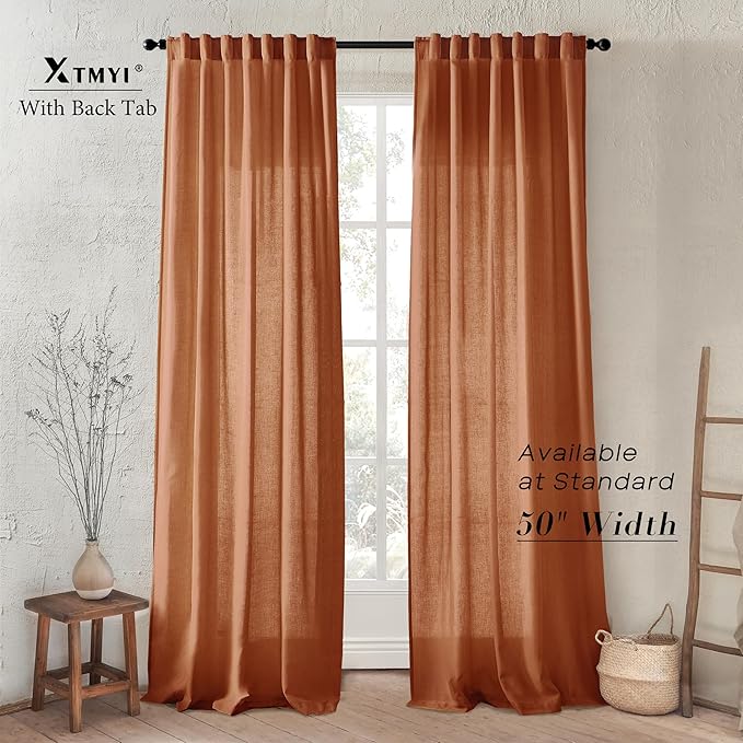 XTMYI Fall Curtains for Living Room,Back Tab Hooks Pleated Linen Sheer Burnt Orange Curtains 96 Inches Long for Bedroom Set 2 Panels