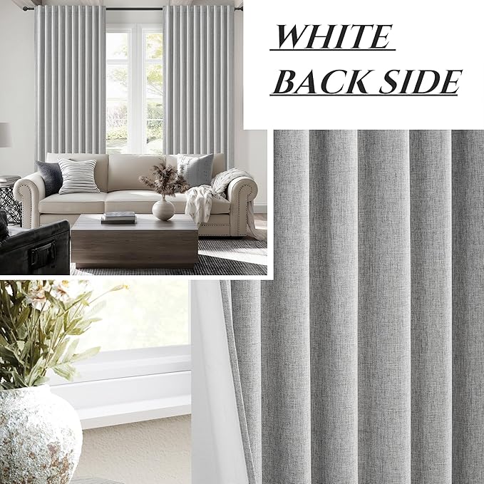 Grey Curtains 60 Inch Length Wide Pleated Blackout Curtain for Sliding Glass Door/Living Room, Farmhouse Linen Thick Boho Bedroom Heavy Insulated Large Window Drapes (60" Wx90 Lx2Panels)