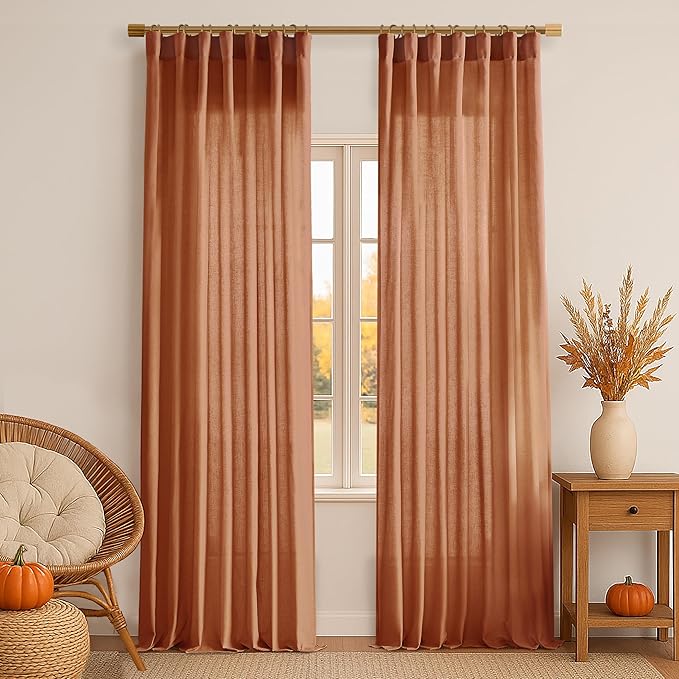 XTMYI Burnt Orange Curtains 2 Panels 84 Inches Long for Bedroom,Boho Back Tab Hooks Pleated Linen Sheer Pumpkin Color Fall Curtains for Living Room