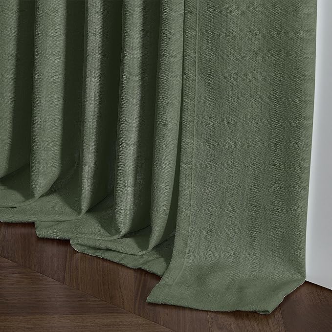 Thick Linen Olive Green Curtains 96 Inches Long for Living Room Bedroom Aesthetic Pinch Pleated Drapes with Hooks Rings Back Tab Light Filtering Ceiling Floor Custom Made Memory Trained Curtain Loden