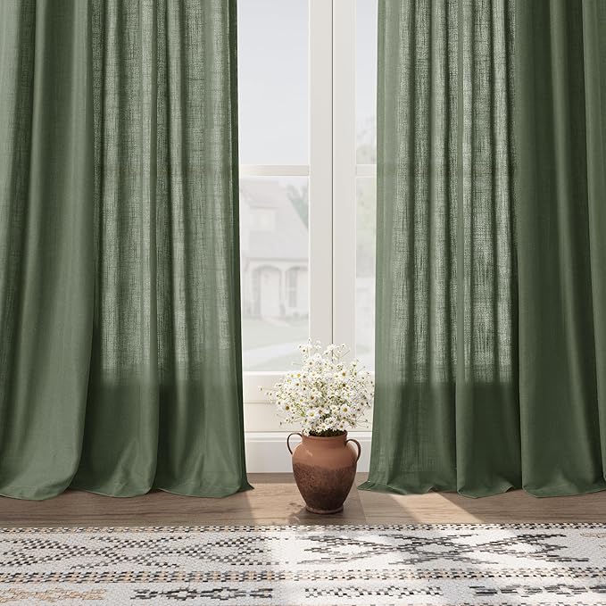 Christmas Olive Green Linen Curtains 84 Inches Long for Bedroom Back Tab Light Filtering Privacy Semi Sheer Curtains Modern Farmhouse Decor Olive Green Curtain for Living Room 2 Panels 52x84