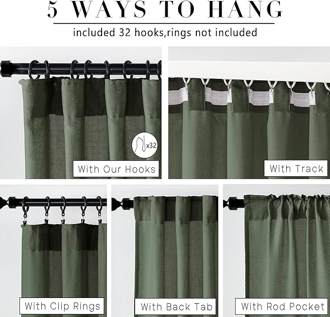 Extra Long 108 Inch Curtains for Large Window,Organic Modern Elegant Decor,Back Tab Pleated Drapes Pretty Linen Sheer Tall Curtains for Living Room Dining Office 2 Panel Set,50 Wide 9 FT,Olive Green