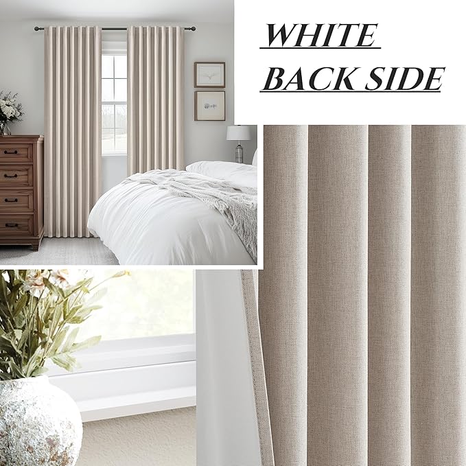 Full Blackout Taupe 102 Inch Long Curtains for Sliding Glass Doors 2 Panels Set, Rustic Country Linen Blend Greyish Flax Heavy Burlap Drapes Pin Hooks&Rings Back Tab Large Window Curtain (50"Wx102"L)
