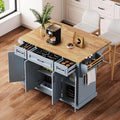 Yayzy Rolling Kitchen Island with Drop Leaf, 4 Cabinet Doors, 3 Drawers & Side Storage Racks, Mobile Kitchen Cart with Rubberwood Top & Locking Wheels for Dining Room & Kitchen, 54-Inch, Grey Blue