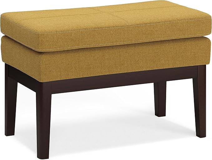 SIMPLIHOME Carlson Small Ottoman Bench - 27 inch Wide Upholstered Woven Fabric Rectangle Ottoman in Marigold, Mid Century Modern Bench for Bedroom, Entryway or Living Room with Padded Seat
