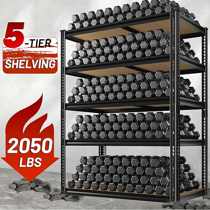 2050LBS Storage Shelves Heavy Duty 5 Tier Garage Storage Shelving, Adjustable Metal Shelving Unit Utility Rack Shelf for Warehouse, Pantry, Closet, 72" H x 35.56" W x 16" D, Black.2PCS