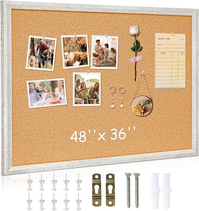 DOLLAR BOSS Cork Board for Wall - 48 X 36 Inches, Grey Texture Framed Bulletin Board Corkboard Decorative Hanging Pin Board for Office & Home Decor