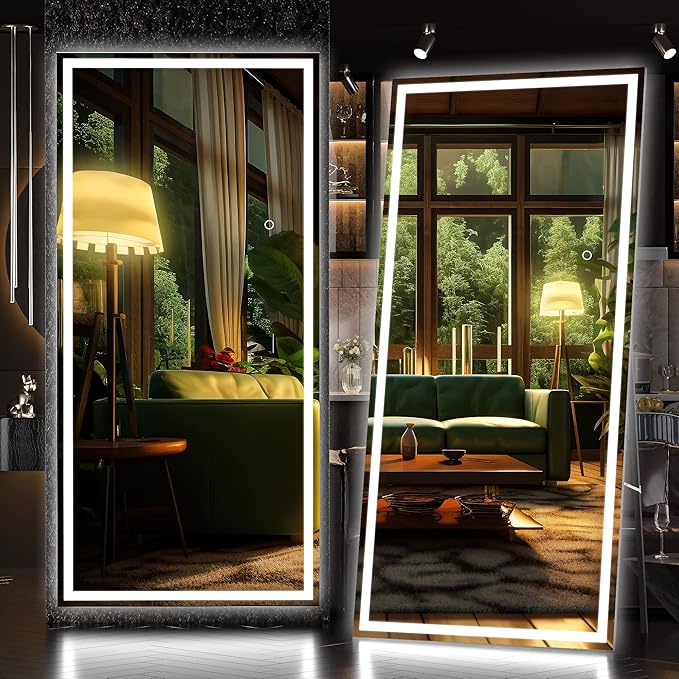 Hasipu Full Length Mirror with Lights, 71" x 32" LED Lighted Floor Standing, Full Body Dressing Hanging Mounted Mirror, Dimmable, Tempered Glass, Safe to Use, Square Black