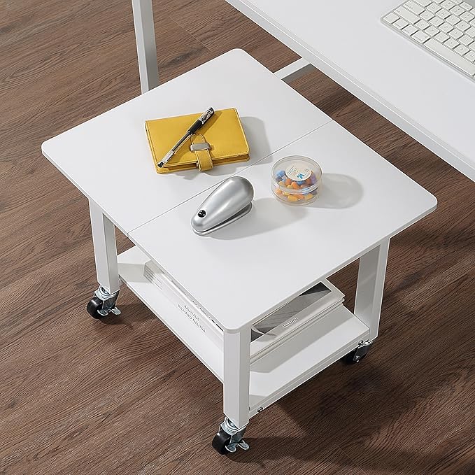 SunnyPoint 2-Tier Under Desk Printer Stand with Storage Shelf and Steel Frame, Industrial Mobile Printer Cart Holder with Lockable Improved Industrial Wheels for Home and Office (WHT)