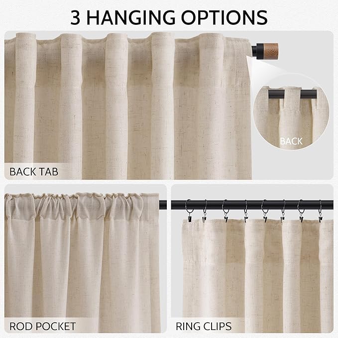 Nanspring 102 Inch Long Curtains for Living Room Cream Beige Linen Light Filtering Semi Sheer Curtain Back Tab Modern Farmhouse Decor Floor to Ceiling Coastal Drapes for Bedroom 52x102, 2 Panels