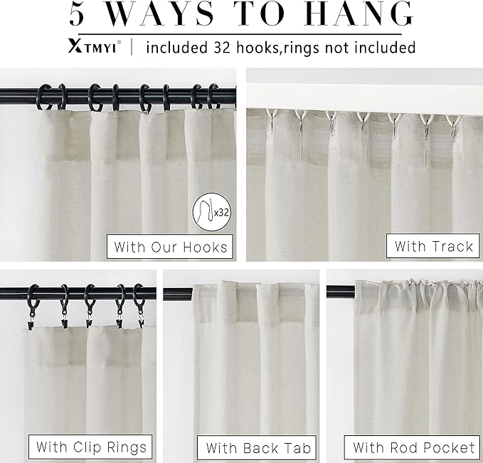 XTMYI 70 x 63 Inch Length Living Room Curtains,Linen Short Wide Bay Window Curtains for Bedroom,Set of 2 Panels,70x63 in Long,Cream Ivory
