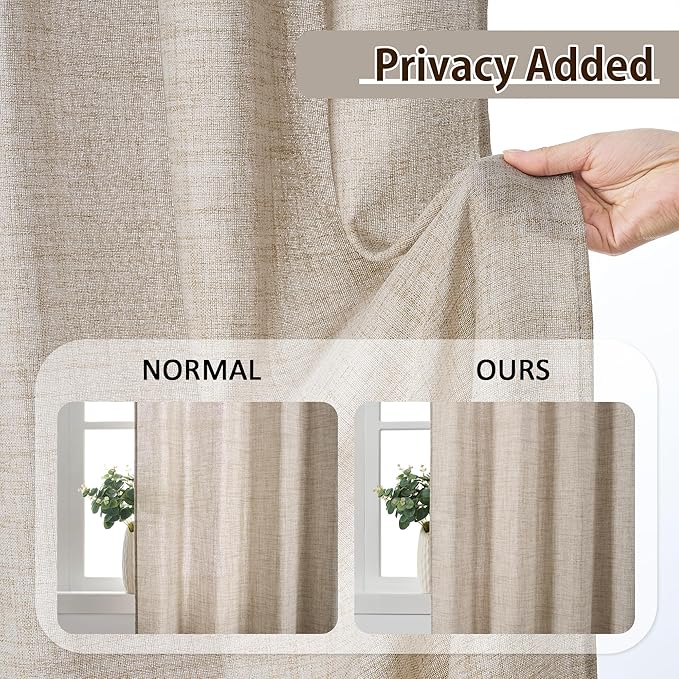 Beige Sheer Pinch Pleated Curtains 105 Inches Long 2 Panels,Back Tab Pleated Drapes Hooks Thick Linen Textured Boho Farmhouse Curtain for Dining Bedroom 70 Inch Wide Each Panel