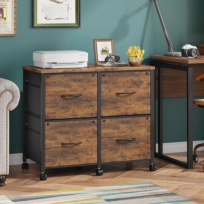 4 Drawer Lateral File Cabinet, Mobile Filing Cabinet for Large Printer, Home Office Functional Small Office Storage Cabinet & Printer Stand, Fits Letter/A4, 30.4'', Rustic Brown