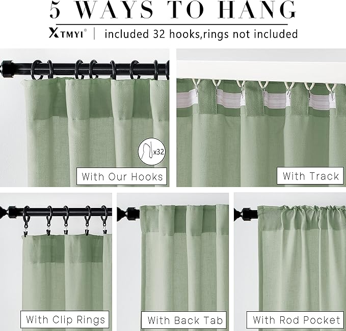 XTMYI Sage Green Sheer Curtains 63 Inch Length for Living Room,Boho Rod Pocket Light Filtering Linen Semi Transparent Bedroom Curtains Drapes 63 Inches Long 2 Panels Set for Bathroom Window Kitchen
