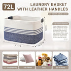 72L Large Laundry Basket with Leather Handles for Living Room Storage, Woven Rope Baskets Bin for Blanket, Kids Toy, Gifts, Wicker Hamper for Bedroom Dirty Clothes, 22"x17"x12" Denim Blue
