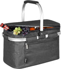 Tirrinia Large Insulated Picnic Basket, 34L Water Resistant & Leakproof Collapsible Portable Cooler Basket Set with Aluminium Handle for Travel,Foldable Grocery Bag, Black