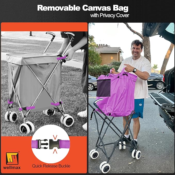 Wellmax WM99100 Series Folding Shopping Cart with Wheels, Grocery Cart with Removable Canvas with Cover, Lightweight Utility Cart for Groceries and Laundry - Holds up to 120 lbs (Purple)
