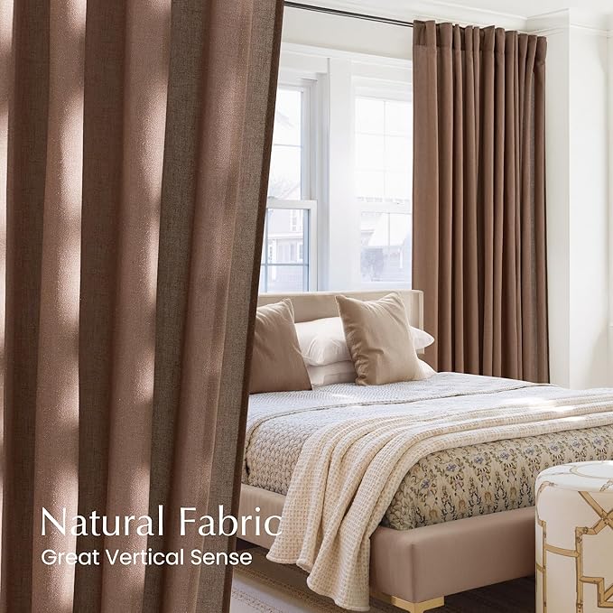 NICETOWN Thick Linen Semi Sheer Gold Brown Curtains for Living Room, Pleat Tape Semi Sheer Drapes Privacy Added with Light Filtering Window Treatments for Bedroom, W52 x L84, 2 Panels