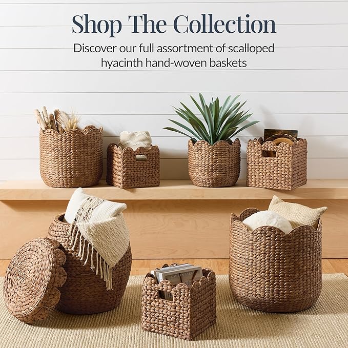 Best Choice Products 3pc Water Hyacinth Scalloped Multipurpose Nesting Baskets, Storage Bin Organization Totes for Living Room, Bedroom, Nursery, Laundry Room -Chestnut