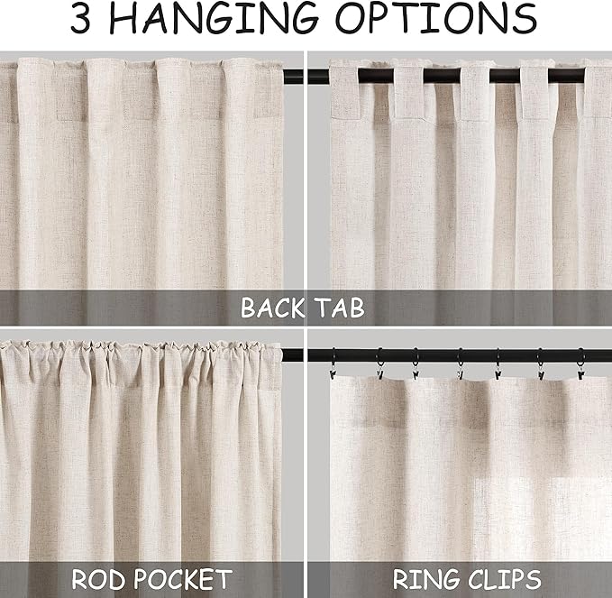 Linen Beige Curtains 108 Inches Long 2 Panels Set Back Tab Rod Pocket Semi Sheer Linen Cotton Textured Light Filtering Extra Long Curtain Farmhouse High Ceiling Curtains for Living Room 9Ft 42x108