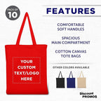 DISCOUNT PROMOS Custom Cotton Canvas Tote Bags Set of 10, Personalized Bulk Pack - Reusable, Great for Shopping, Grocery, Beach, Picnic, Wedding Favors - Red
