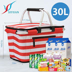 SIYUAN Picnic Basket with Handles 30L Leakproof Insulated Cooler Stripped Grocery Shopping Market Tote for Family Red White