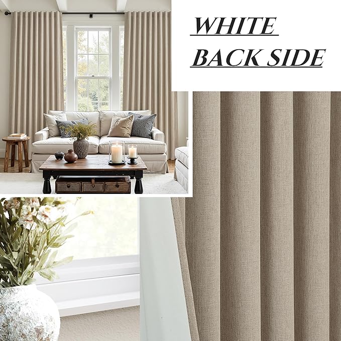 Blackout Curtains 60 Inches Extra Wide Grey Beige Linen Curtains 84 Inch Length for Living Room, Pleated Farmhouse Bedroom Thermal Drapes for Winter Large Window Energy Efficient(60"W x 84"L 2 Panels)