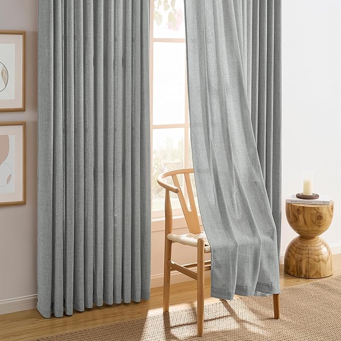 Grey Pinch Pleated Curtains 108 Inches Long 2 Panels, Soft Linen Textured Window Drapes for Bedroom Living Room Semi Sheer Light Filtering Back Tab with Hooks 70x108