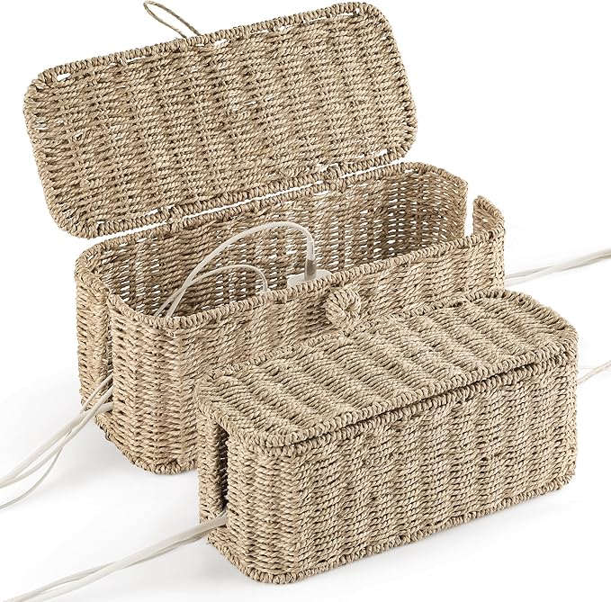 2-Pack Large Cable Management Box, Natural Rattan Cable Cord Organizer Boxes for Power Strip – 2 Open Slots Cords Hider Box for TV Wires, Computer, Router, USB Hub and Under Desk Power Strip