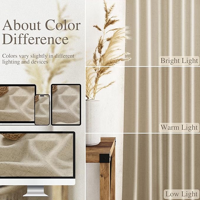 Nanspring Eggshell Beige 63 Inch Curtains for Living Room Linen Blend Luxury Light Filtering Semi Sheer Curtain Back Tab Rustic Decor Neutral Elegant Drapes for Bedroom Office 52x63, 2 Panels