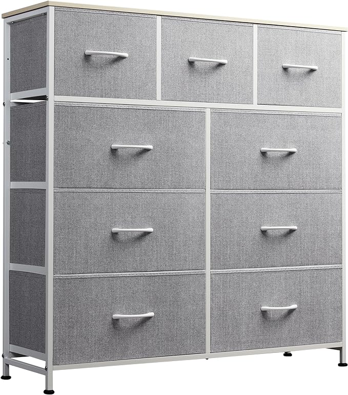 WLIVE 9-Drawer Dresser, Fabric Storage Tower for Bedroom, Hallway, Entryway, Closet, Tall Chest Organizer Unit with Fabric Bins, Steel Frame, Wood Top, Easy Pull Handle, Light Grey