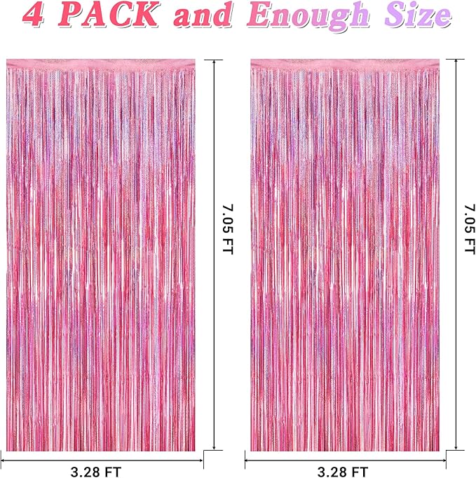 4 Pack Pink Backdrop, 3.28 FT x7.05 FT Foil Fringe Curtains, Metallic Glitter Pink Streamer Fringe Backdrop Foil Curtains, Laser Pink Birthday Party Valentines Day Decorations Bachelorette Decor