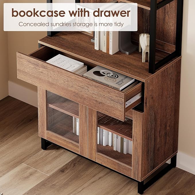 WAMPAT 4 PCS Modern 72" Tall Bookcase with 4 Drawers and Open Book Shelfs, Library Book Shelf with Storage Cabinet and Glass Doors, Wood Freestanding Bookshelves for Home Office, Living Room, Brown