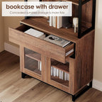 WAMPAT Modern 72" Tall Bookcase with Drawer and Open Book Shelfs, Library Book Shelf with Glass Doors Storage Cabinet, Wood Freestanding Bookshelf for Home Office, Living Room, Brown