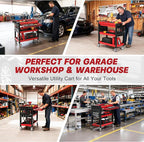 3 Tier Tool Cart on Wheels, Heavy Duty Metal Rolling with Drawers and Pegboards, 660 LBS Load Capacity Tool Storage Cart, Industrial Utility for Garage, Warehouse, Workshop
